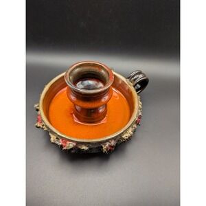 Glit Iceland Lava Pottery Candle Holder Orange Glaze Brutalist MCM Ceramic Read